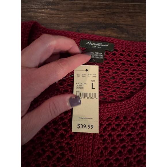 Eddie Bauer Womens Burgundy Crochet Cardigan 3/4 Sleeve Abalone Buttons Sz:L - Picture 2 of 4